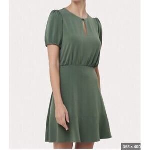 LOFT NWT Flounce Flair Mini Dress In Topiary Green Skater Puff Sleeve 2 Peephole
